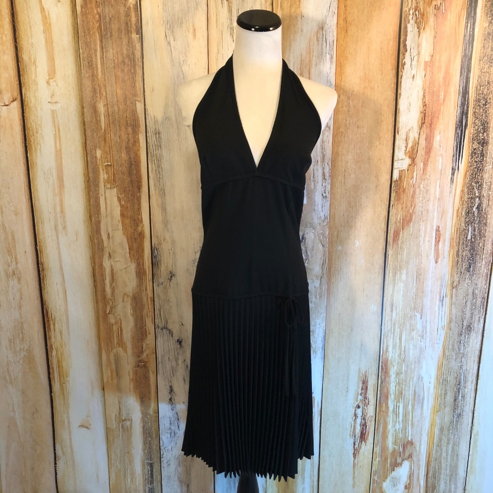 Necessary Objects Black Halter Dress Pleats Marilyn Cocktail Zip sz M $78 NWT!